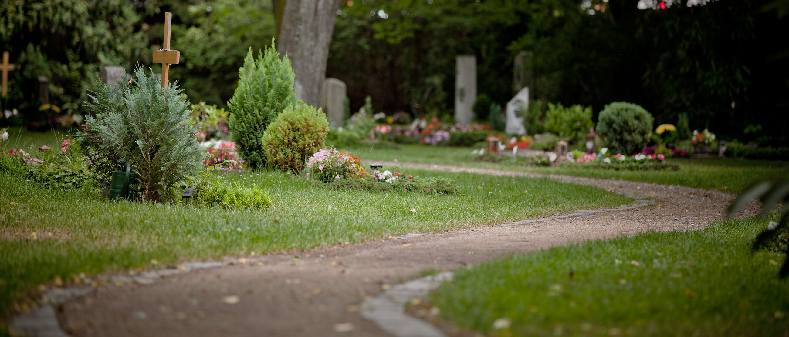 Schöner Weg vorbei an Gräbern auf einem städtischen Friedhof