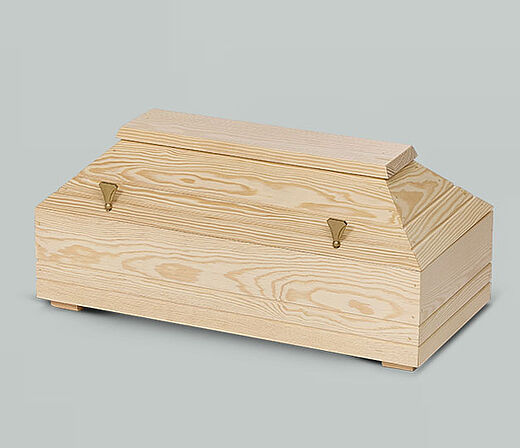 Schlichter Kindersarg aus Massivholz in klassischer Truhenform, braun